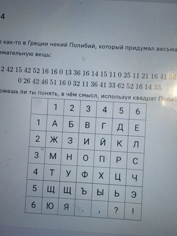 Объясни, в чём смысл, используя квадрат Полибия и расшифруй сообщение.