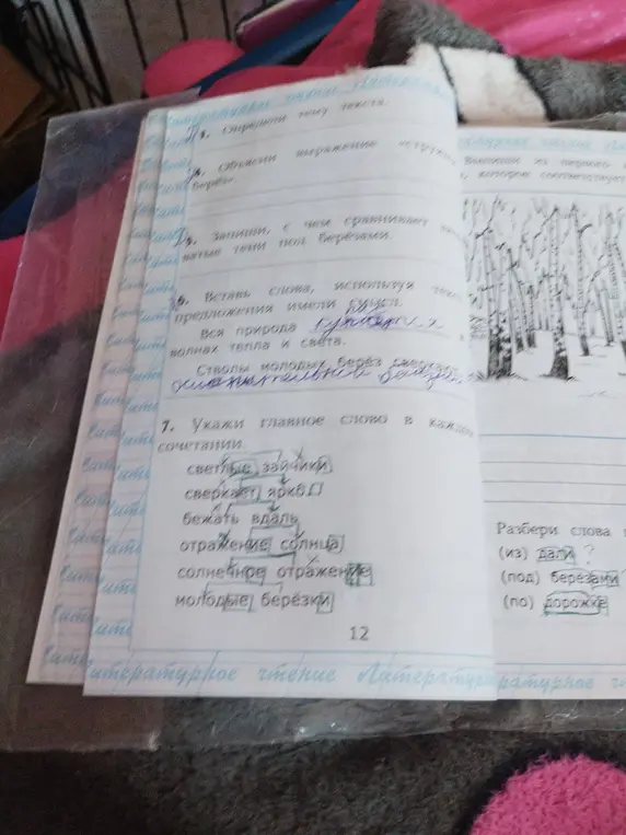 Укажи главное слово в каждом сочетании и разбери слова 'из дали', 'под берёзами' и 'по дорожке'.
