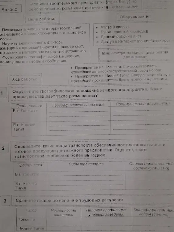Определи географическое положение каждого предприятия и какие преимущества даёт такое размещение; определи, какие виды транспорта обеспечивают поставки сырья и готовой продукции для каждого предприятия и оцени, какое транспортное сообщение более выгодное; сравни города по наличию трудовых ресурсов.