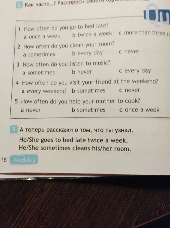 Ответь на вопросы: "How often do you go to bed late?", "How often do you clean your room?", "How often do you listen to music?", "How often do you visit your friend at the weekend?", "How often do you help your mother to cook?"