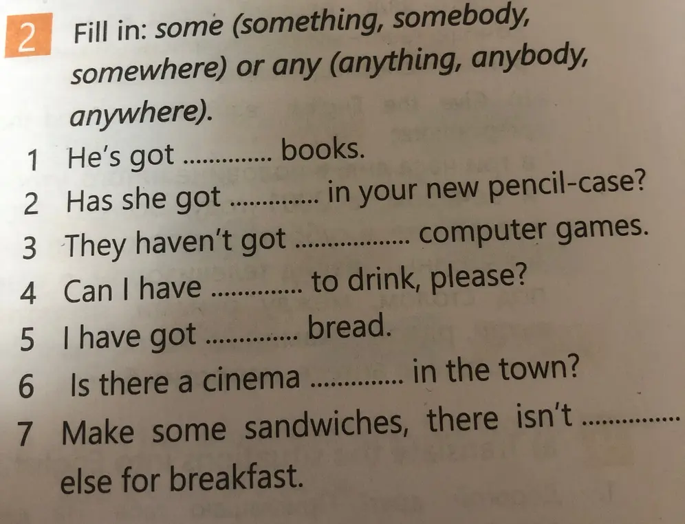 Вставь some, something, somewhere, somebody, any, anything, anybody, anywhere в предложения.