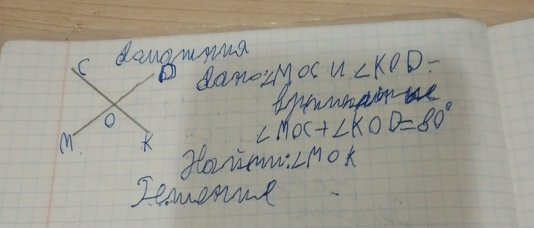 Найди угол \(\angle MOK\), если углы \(\angle MOC\) и \(\angle KOD\) вертикальные и \(\angle MOC + \angle KOD = 80^\circ\).