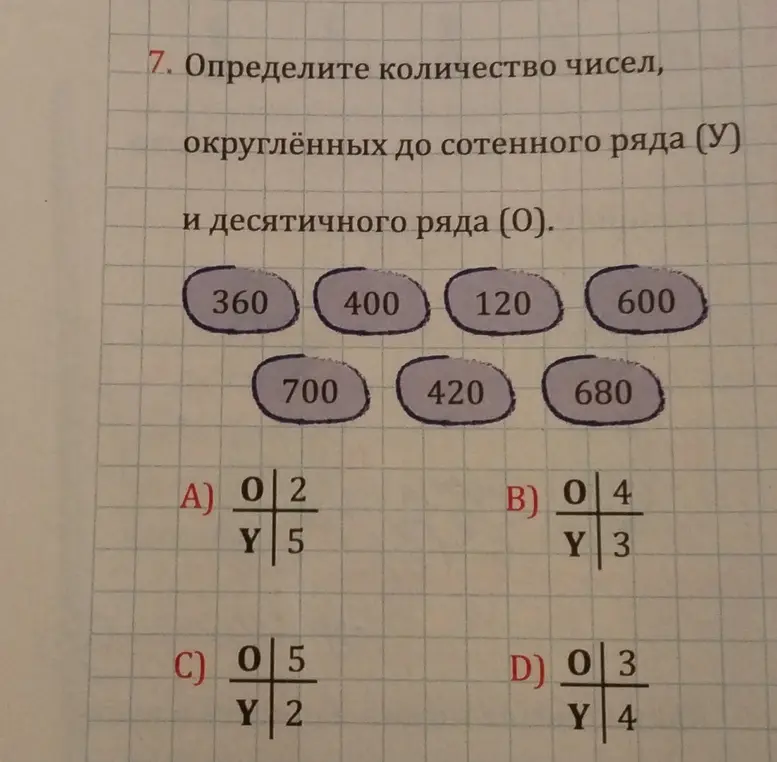 Определи количество чисел, округлённых до сотенного ряда (У) и десятичного ряда (О).