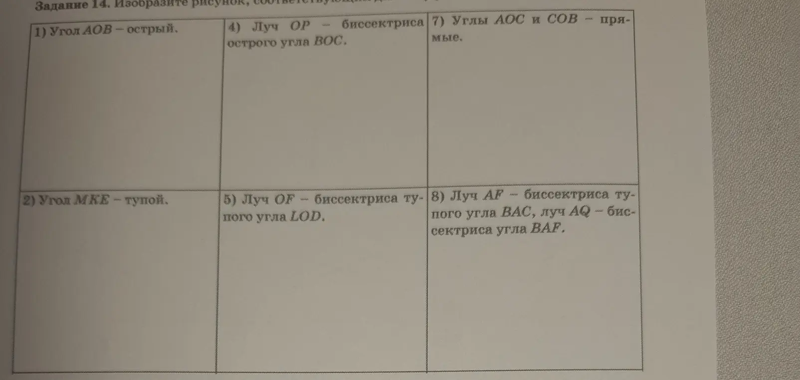 Изобрази рисунок, соответствующий данным: 1) Угол АОВ - острый.