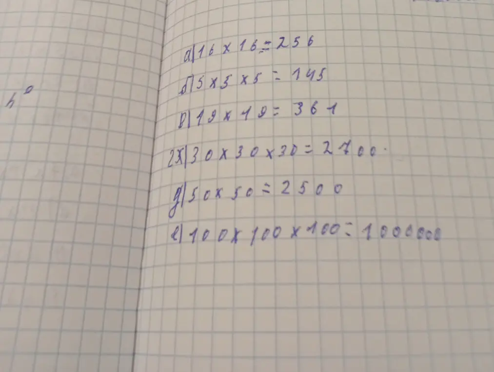 Проверь правильность вычислений: 16*16=256, 5*5*5=145, 19*19=361, 30*30*30=2700, 50*50=2500, 100*100*100=1000000.