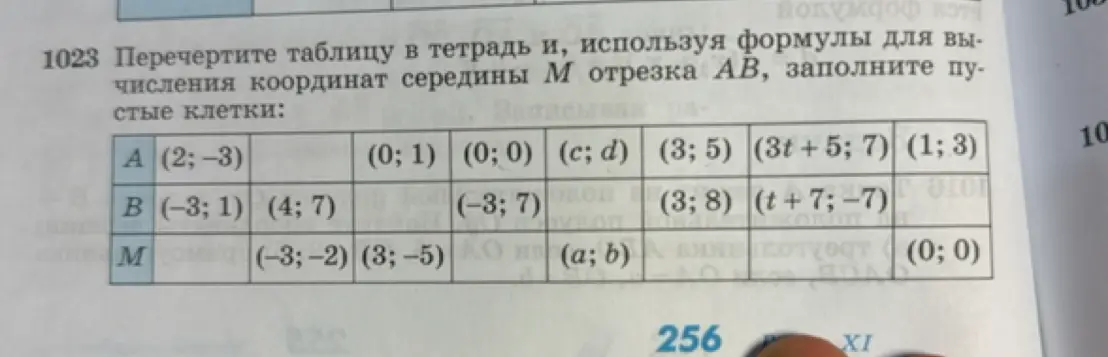 Перечерти таблицу в тетрадь и, используя формулы для вычисления координат середины М отрезка АВ, заполни пустые клетки.