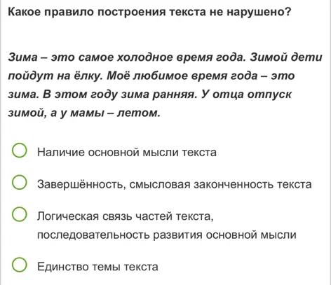 Определи, какое правило построения текста не нарушено.