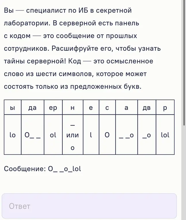 Расшифруй сообщение O__o_lol, используя таблицу.
