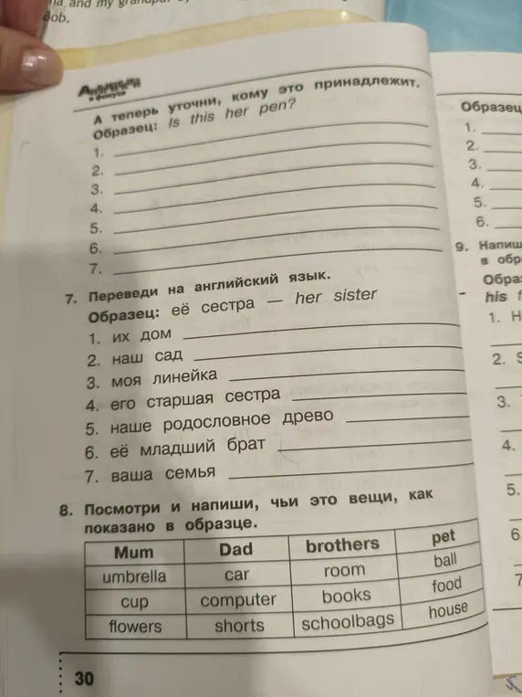 Переведи на английский язык и напиши, чьи это вещи, как показано в образце.