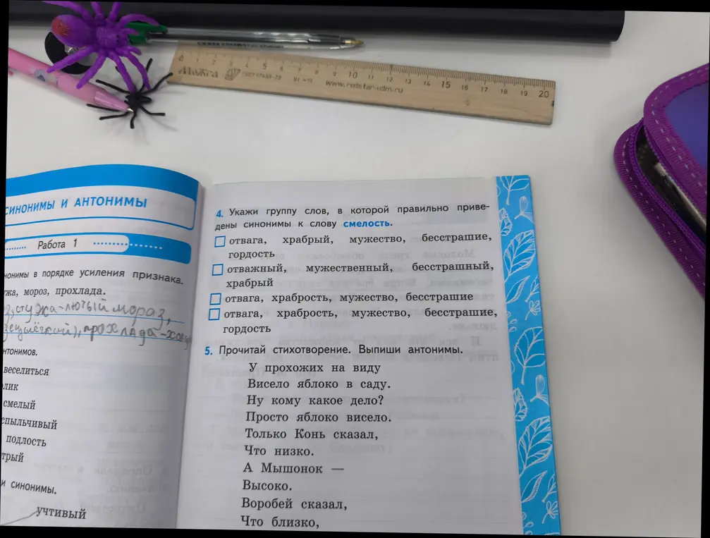 Укажи группу слов, в которой правильно приведены синонимы к слову смелость и выпиши антонимы из стихотворения.