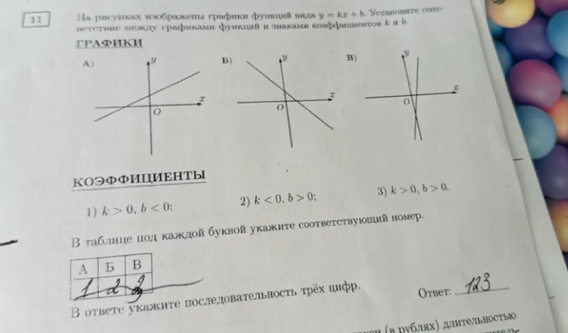 Установи соответствие между графиками функций и знаками коэффициентов k и b.