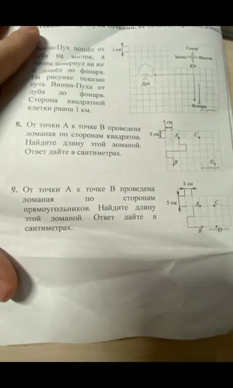 Найди длину ломаной по сторонам квадратов и прямоугольников.