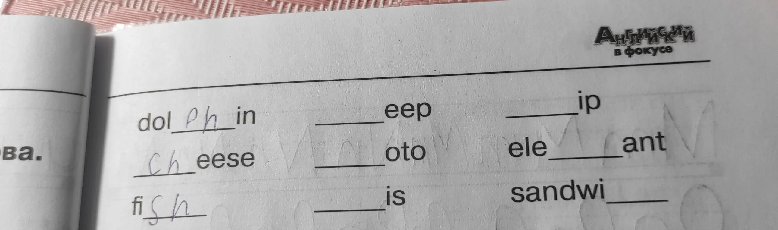 Вставь пропущенные буквы в слова: dolphin, eep, ip, Cheese, oto, ele ant, fish, is, sandwi.