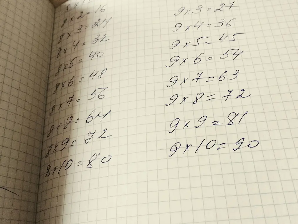 Предоставь таблицу умножения на 8 и на 9