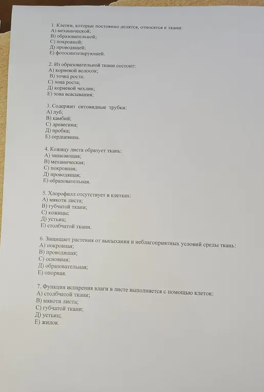 Ответь на вопросы по биологии о тканях растений.
