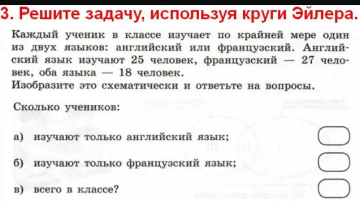 Реши задачу, используя круги Эйлера: сколько учеников изучают только английский, только французский и всего в классе.