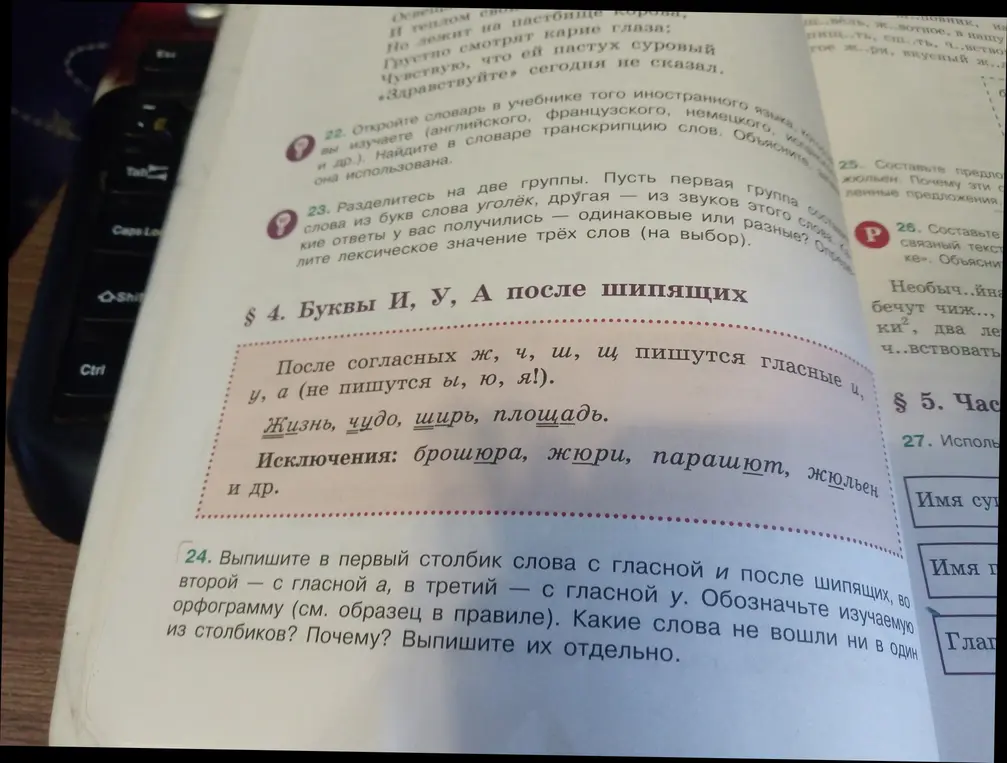 Выпиши в первый столбик слова с гласной и после шипящих, во второй — с гласной а, в третий — с гласной у. Обозначь изучаемую орфограмму. Какие слова не вошли ни в один из столбиков?