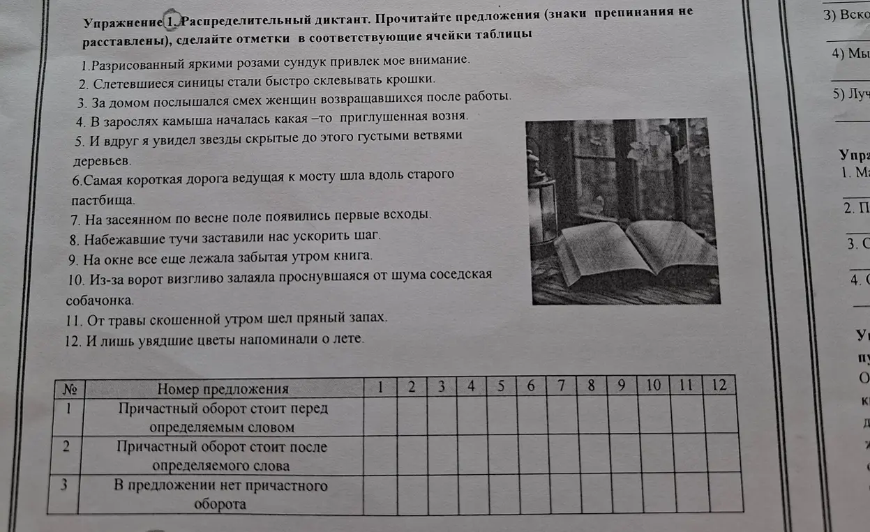 Распредели предложения по таблице: причастный оборот стоит перед определяемым словом, после определяемого слова или в предложении нет причастного оборота.