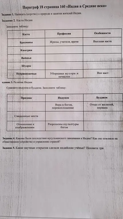 Заполни таблицы по кастам Индии и религиям Индии (индуизм и буддизм), расскажи о последствиях мусульманского завоевания и научных открытиях индийских учёных.