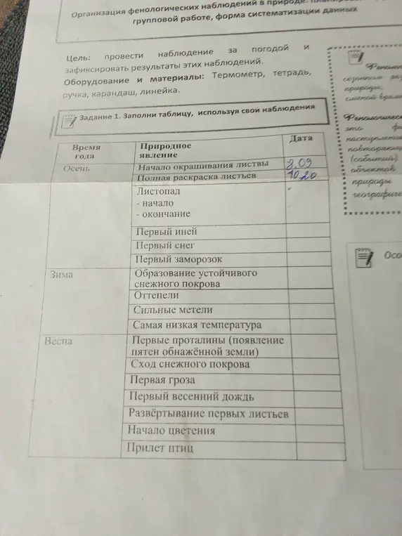 Заполни таблицу, используя свои наблюдения.