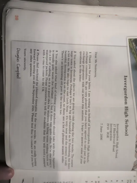 Ответь на вопросы в письме из Invergordon High School.