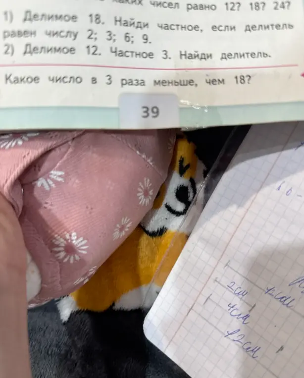 Найди частное и делитель в задачах деления и определи число в 3 раза меньше, чем 18.