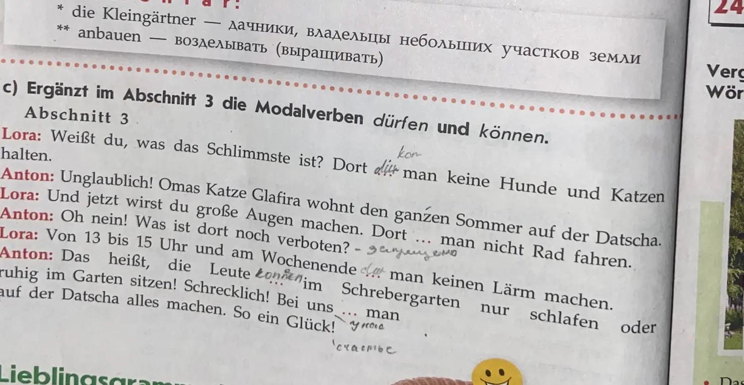 Заполни пропуски в Abschnitt 3 модальными глаголами dürfen и können.