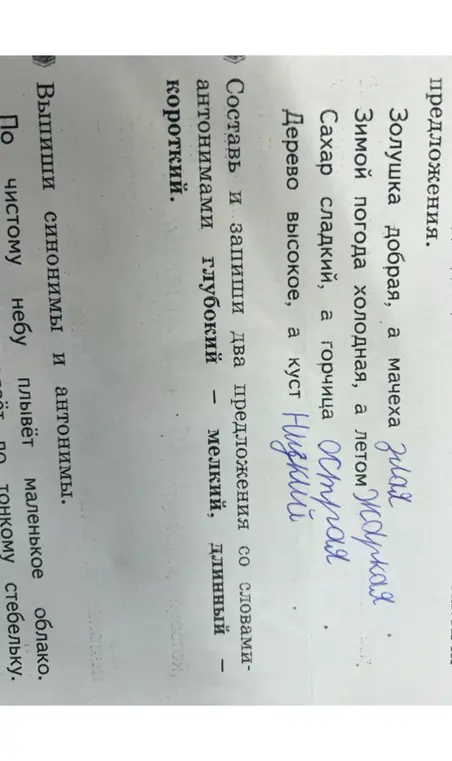 Составь и запиши два предложения со словами-антонимами глубокий - мелкий, длинный - короткий.