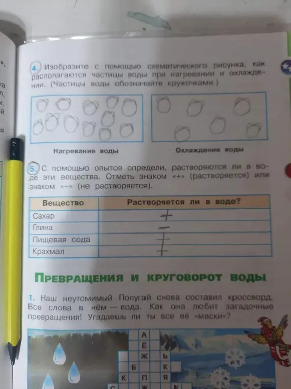 С помощью опытов определи, растворяются ли в воде эти вещества. Отметь знаком «+» (растворяется) или знаком «-» (не растворяется).