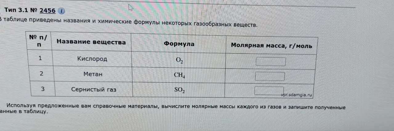 Вычисли молярные массы каждого из газов и запиши полученные данные в таблицу.