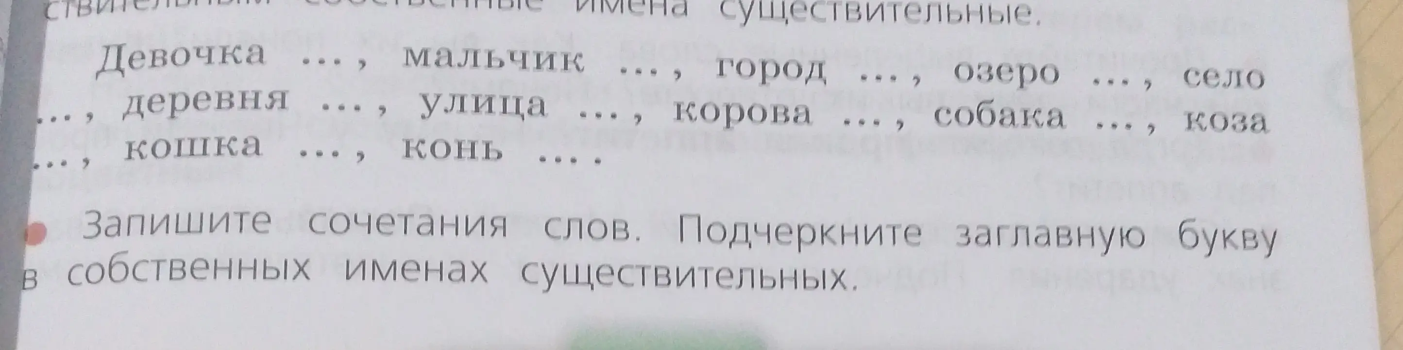 Запиши сочетания слов и подчеркни заглавную букву в собственных именах существительных.