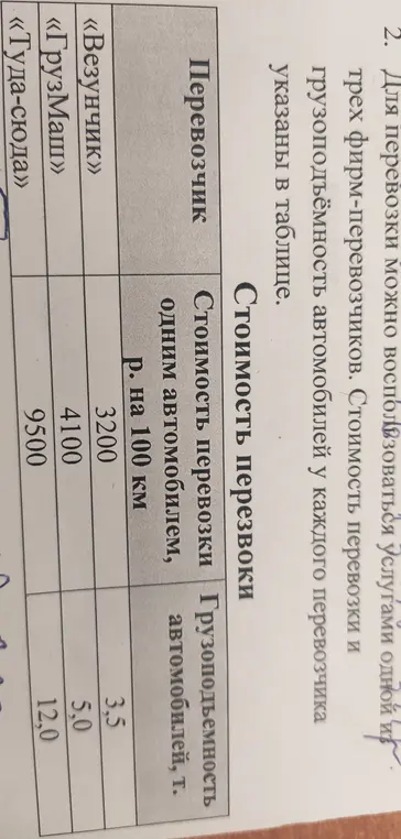 Вычисли самый дешёвый вариант перевозки, если нужно перевезти 45 т груза на 1300 км и груза на 1100 км?