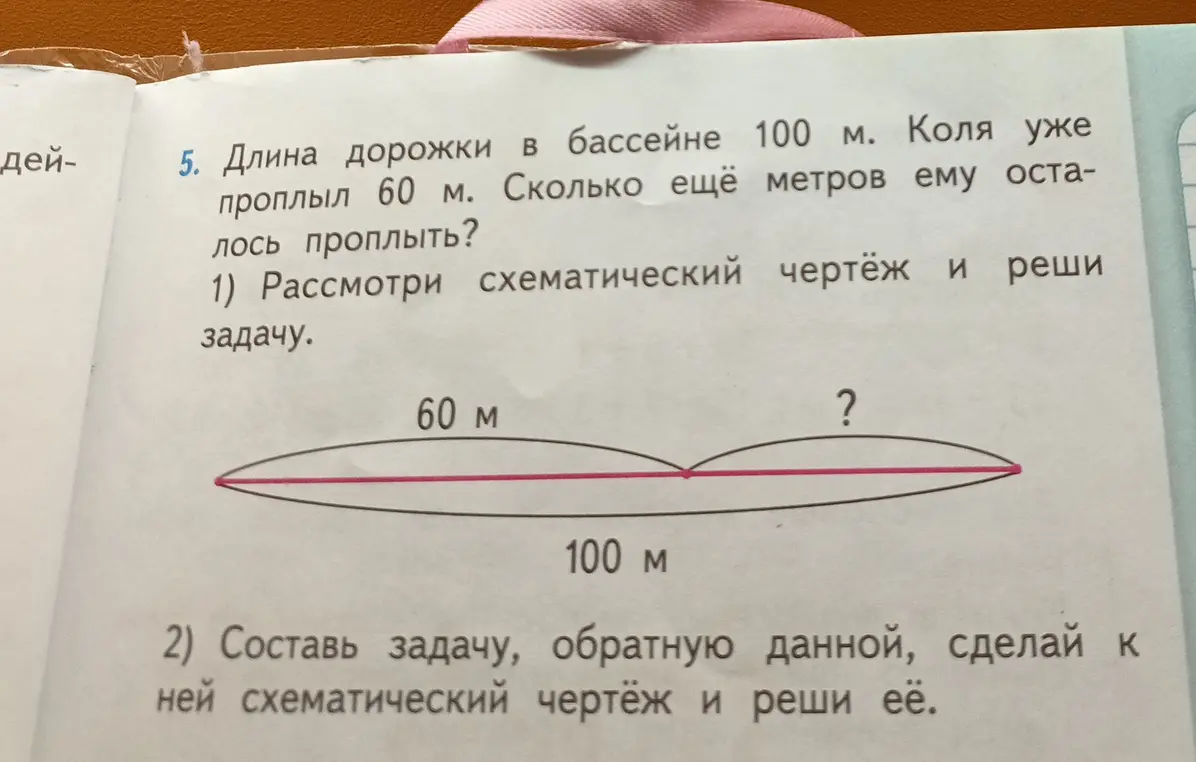 Реши задачу: Длина дорожки в бассейне 100 м. Коля уже проплыл 60 м. Сколько ещё метров ему осталось проплыть? Составь задачу, обратную данной, сделай к ней схематический чертёж и реши её.