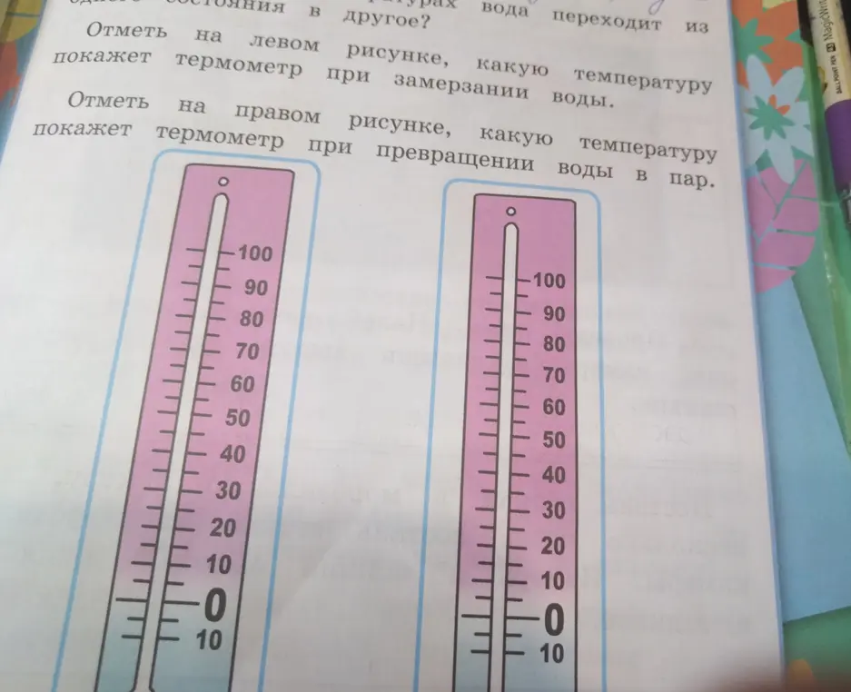 Отметь на левом рисунке, какую температуру покажет термометр при замерзании воды.