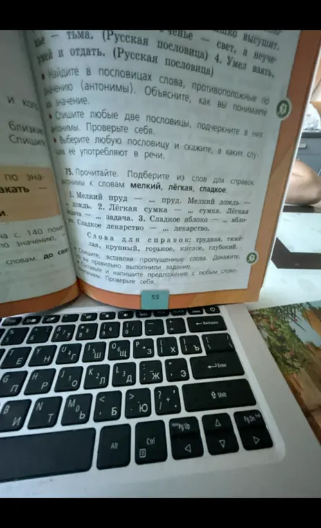 Прочитай. Подбери из слов для справок антонимы к словам мелкий, лёгкая, сладкое.