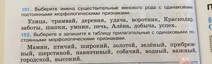 Выбери имена существительные женского рода с одинаковыми постоянными морфологическими признаками и прилагательные с одинаковыми постоянными морфологическими признаками.
