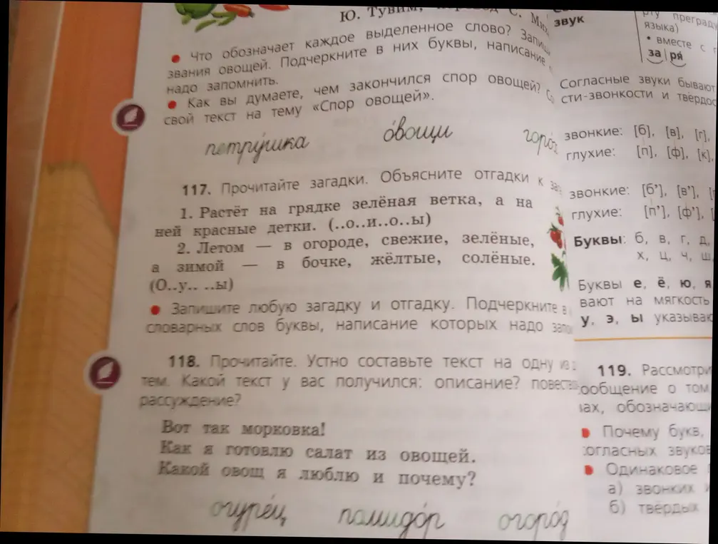 Прочитай загадки и объясни отгадки к загадкам. Устно составь текст на одну из тем. Рассмотри сообщение о том, что обозначают буквы согласных звуков.