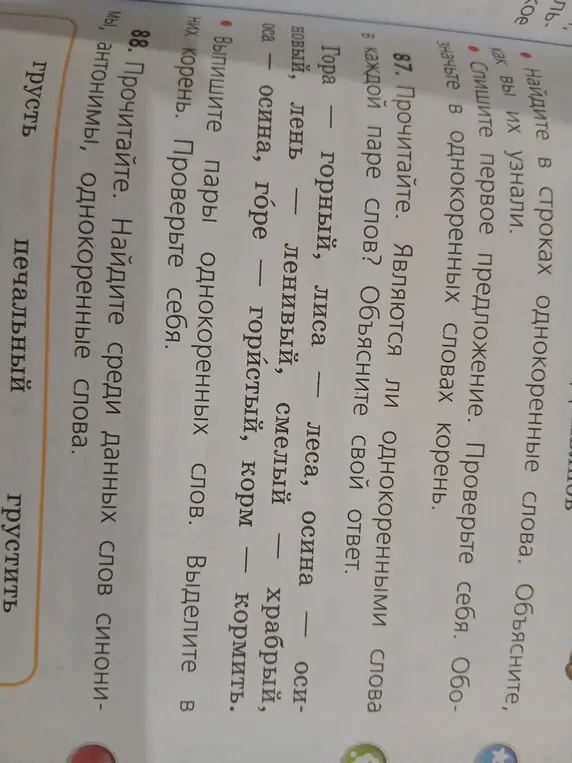 Определи, являются ли однокоренными слова в каждой паре слов и найди среди данных слов синонимы, антонимы, однокоренные слова.