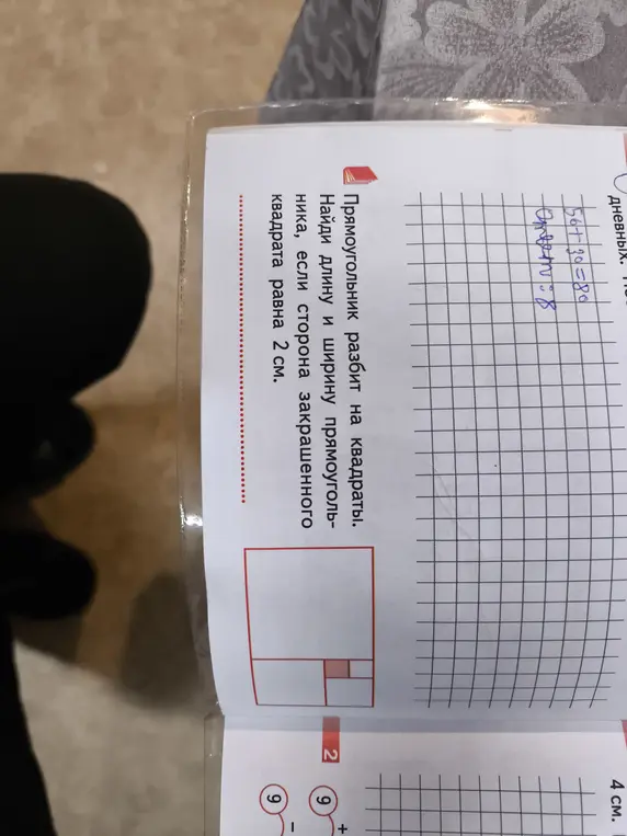 Найди длину и ширину прямоугольника, если сторона закрашенного квадрата равна 2 см.