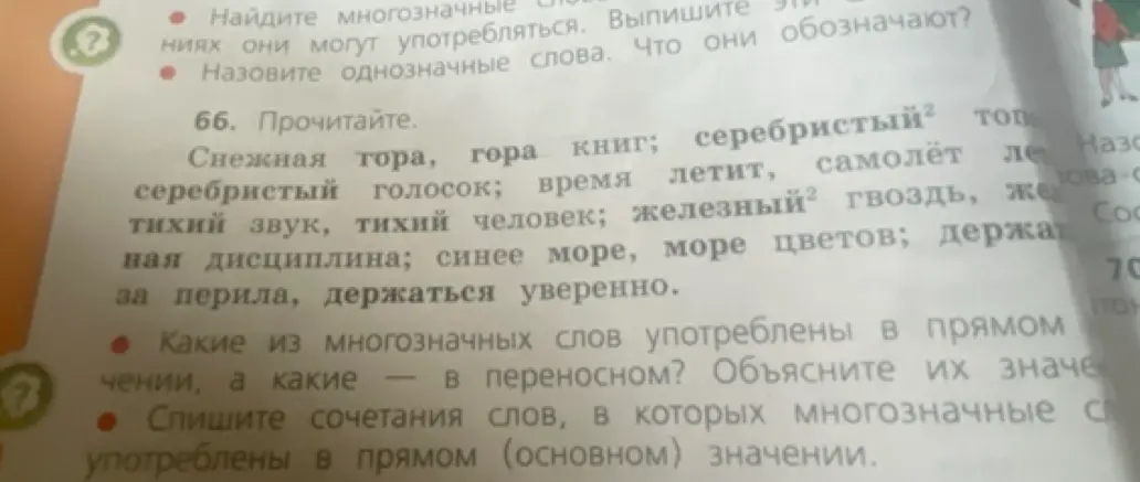 Определи, какие из многозначных слов употреблены в прямом и переносном значении, объясни их значение и выпиши сочетания слов, в которых многозначные слова употреблены в прямом значении в упражнении 66.