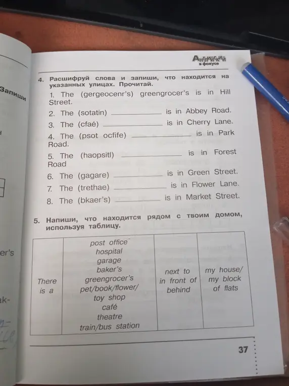 Расшифруй слова и запиши, что находится на указанных улицах.