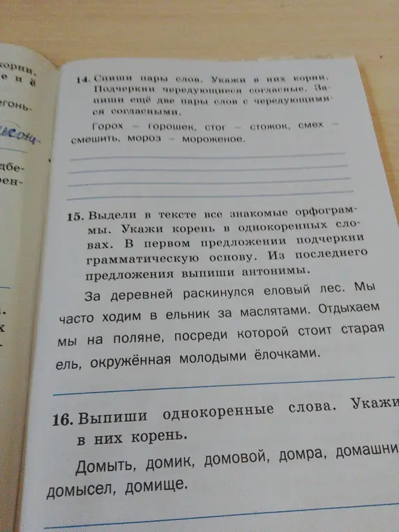 Сделай упражнения по русскому языку: Спиши пары слов, укажи в них корни, подчеркни чередующиеся согласные, выдели орфограммы, укажи корень в однокоренных словах, в первом предложении подчеркни грамматическую основу, из последнего предложения выпиши антонимы, выпиши однокоренные слова.