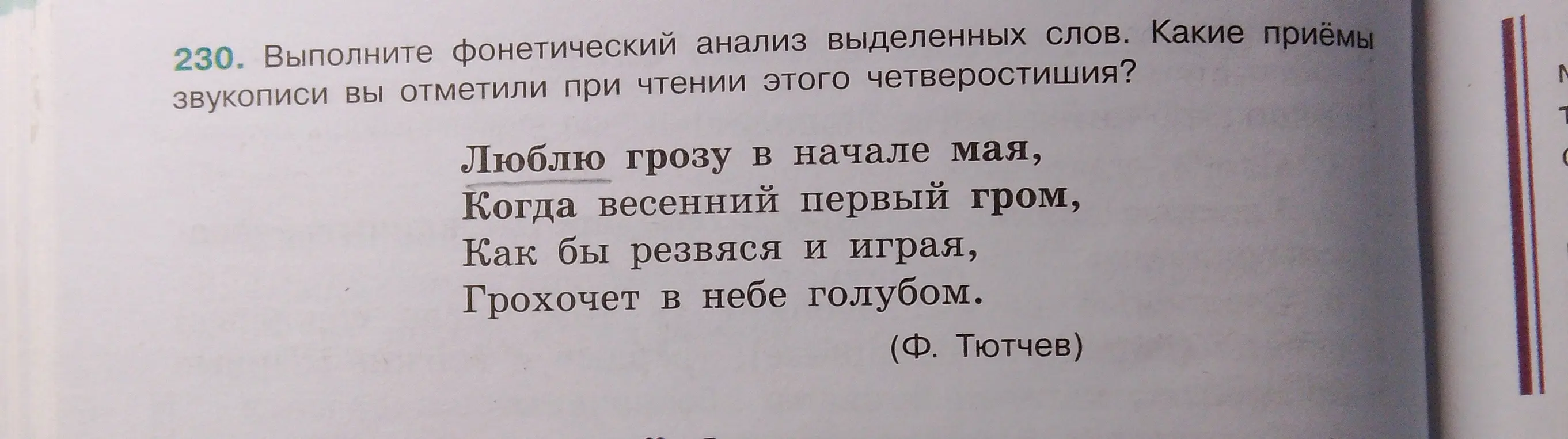 Выполни фонетический анализ слова "люблю". Какие приемы звукописи ты отметил при чтении этого четверостишия?