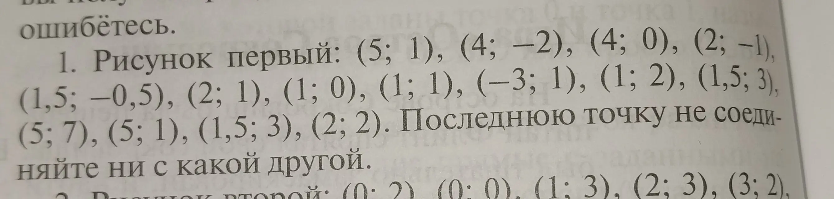 Нарисуй фигуру по точкам: (5; 1), (4; -2), (4; 0), (2; −1), (1,5; −0,5), (2; 1), (1; 0), (1; 1), (-3; 1), (1; 2), (1,5; 3), (5; 7), (5; 1), (1,5; 3), (2; 2). Последнюю точку не соединяй ни с какой другой.