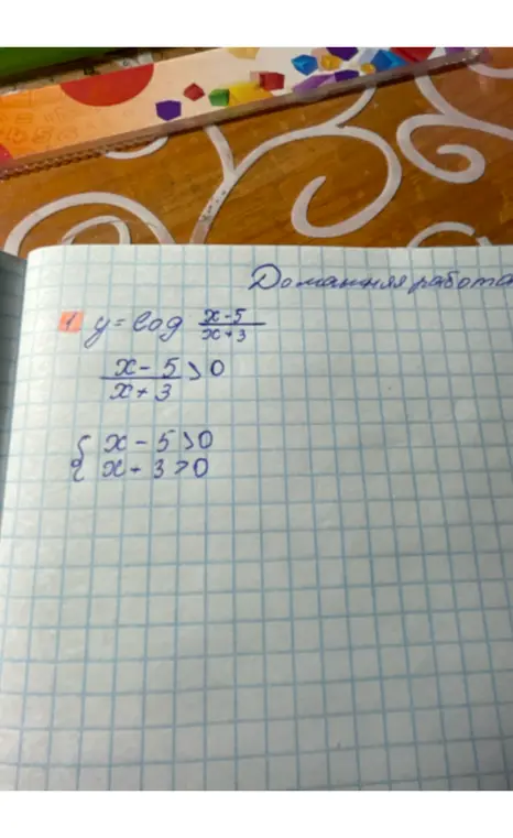 Реши функцию y = log((x-5)/(x+3))