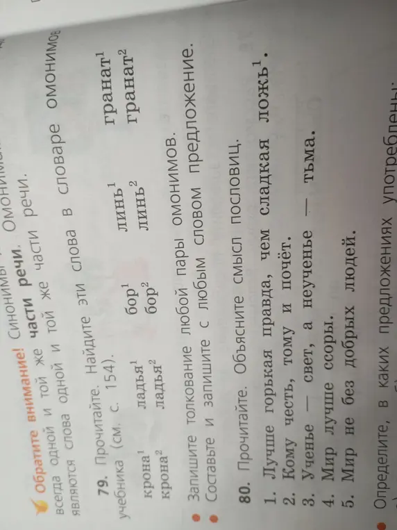 Найди слова в словаре омонимов учебника и запиши толкование любой пары омонимов. Составь и запиши с любым словом предложение.