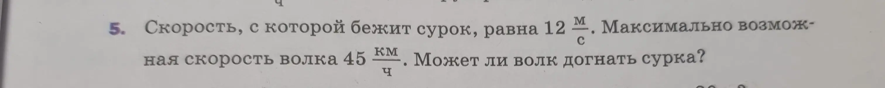 Выясни, может ли волк догнать сурка, если скорость сурка 12 м/с, а скорость волка 45 км/ч.