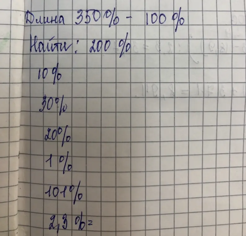 Вычисли проценты от длины: 200%, 10%, 30%, 20%, 1%, 101%, 2,3%.