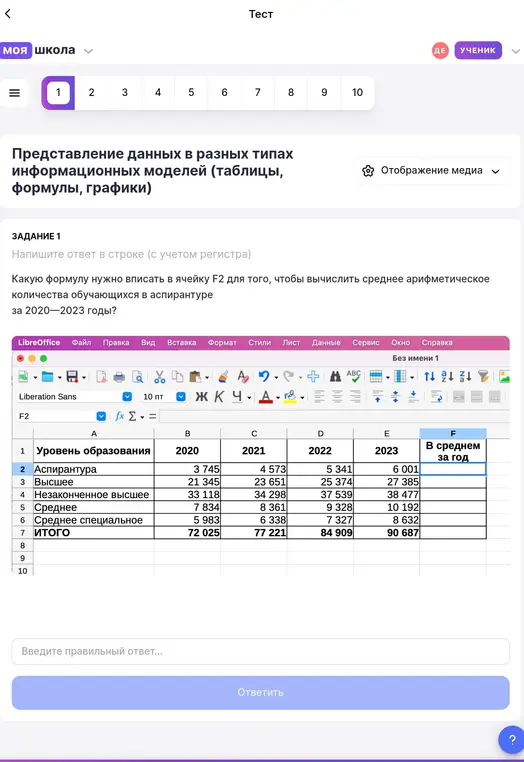 Какую формулу нужно вписать в ячейку F2 для того, чтобы вычислить среднее арифметическое количества обучающихся в аспирантуре за 2020-2023 годы?
