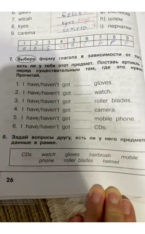 Выбери форму глагола в зависимости от того, есть ли у тебя этот предмет и задай вопросы другу, есть ли у него предметы.